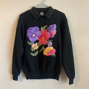 JERZEES Sweater, Women's Size M, Black, Vintage, Rose, Floral, Embroidered